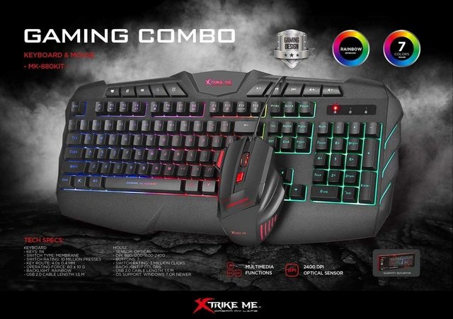 COMBO GAMING TECLADO + MOUSE XTRIKE ME MK-880KIT – USB 2.0 – (MOUSE OPTICO 7 BOTONES – LUZ 7 COLORES - DPI: 800, 1200, 1600, 2400)