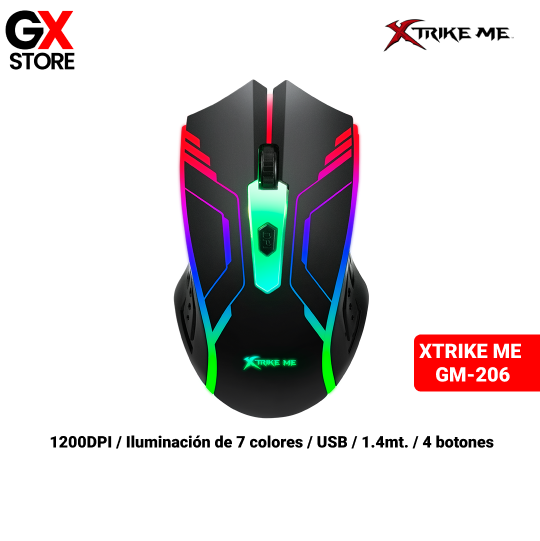 MOUSE XTRIKE ME GM-206 – DPI: 800-1200 – SENSOR OPTICO – 4 BOTONES -  USB 2.0 - CABLE: 1,4 M – LUZ FONDO 7 COLORES